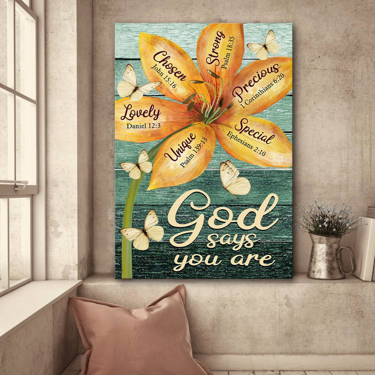 Lily Flower, Butterfly, Green background, God says you are - Jesus Portrait Canvas Prints, Wall Art
