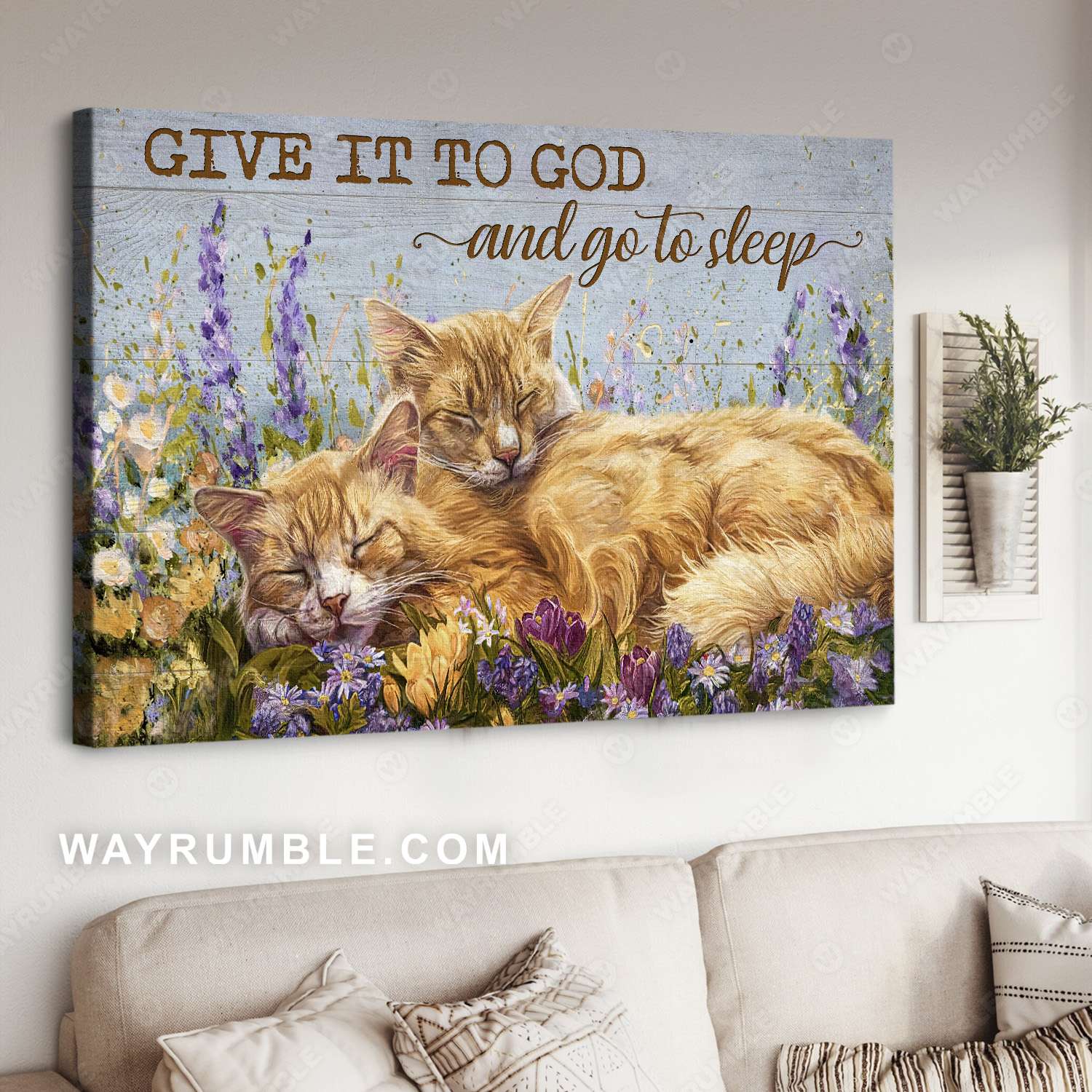 Flower field, Cat painting, Blue background, Give it to God and go to sleep - Jesus Landscape Canvas Prints, Christian Wall Art