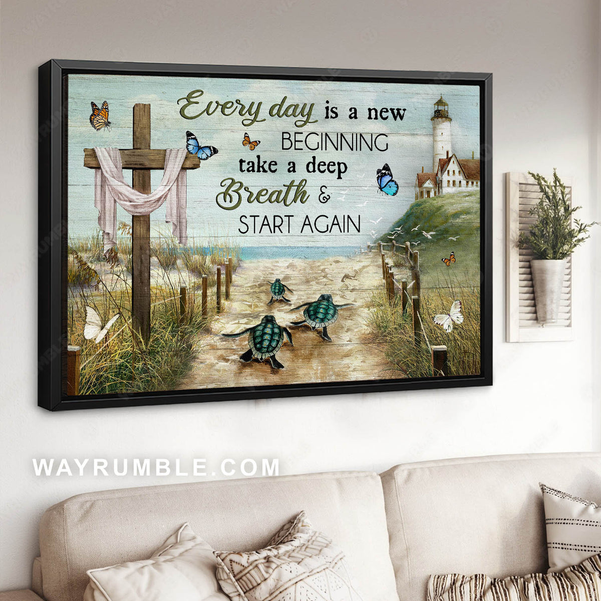 Beach sand, Sea turtle, Lighthouse, Cross symbol, Everyday is a new beginning - Jesus Landscape Canvas Prints, Christian Wall Art