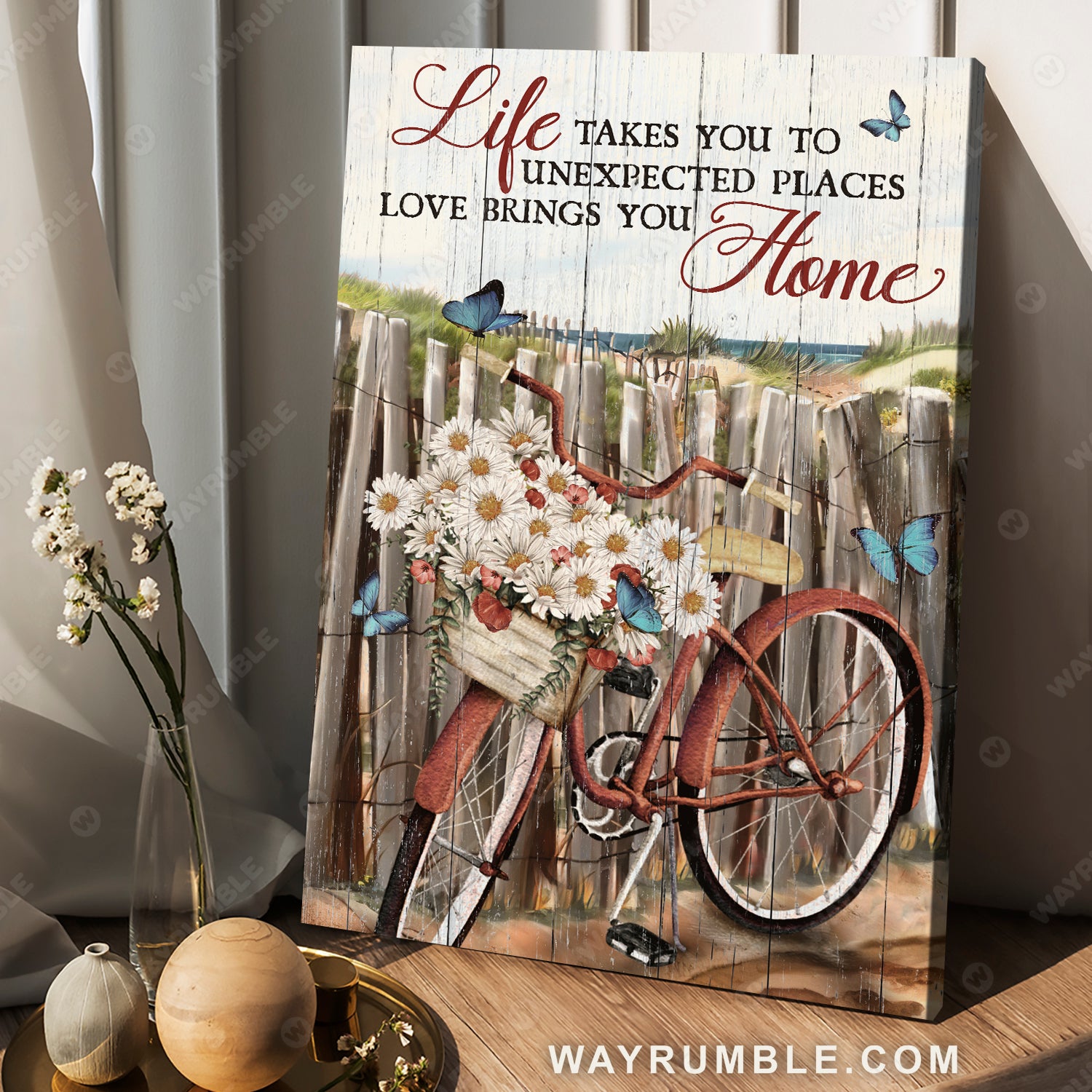 Vintage bicycle, Daisy Flower, Blue butterfly, Love brings you home - Jesus Portrait Canvas Prints, Christian Wall Art