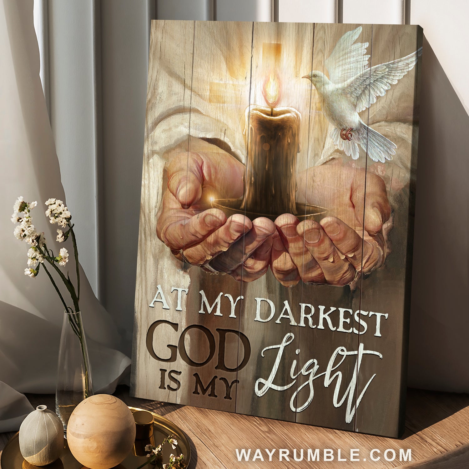Jesus hands, Candle, White dove, At my darkest, God is my light - Jesus Portrait Canvas Prints, Christian Wall Art