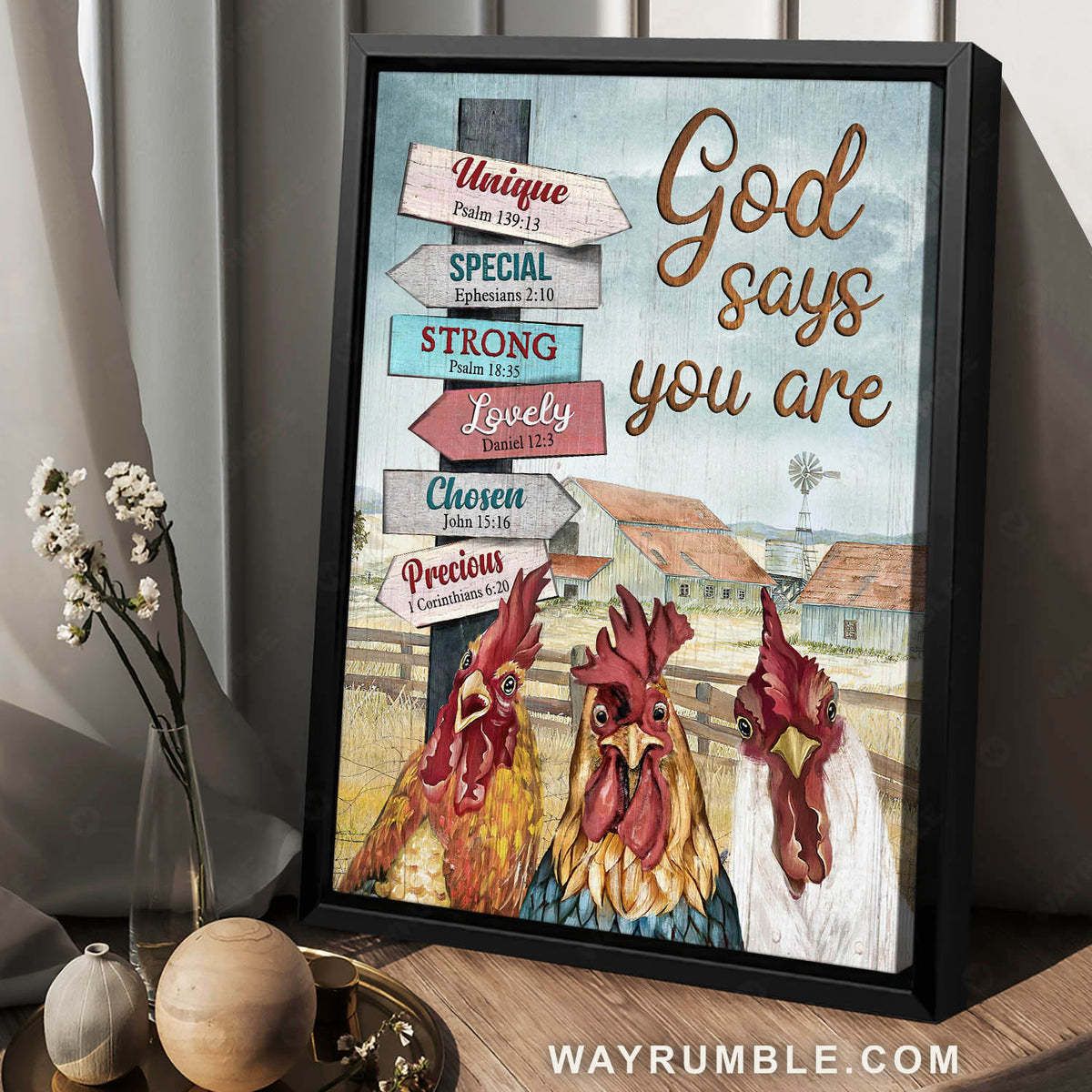 Rooster drawing, Farm house, Windmill, God says you are unique - Jesus Portrait Canvas Prints, Christian Wall Art