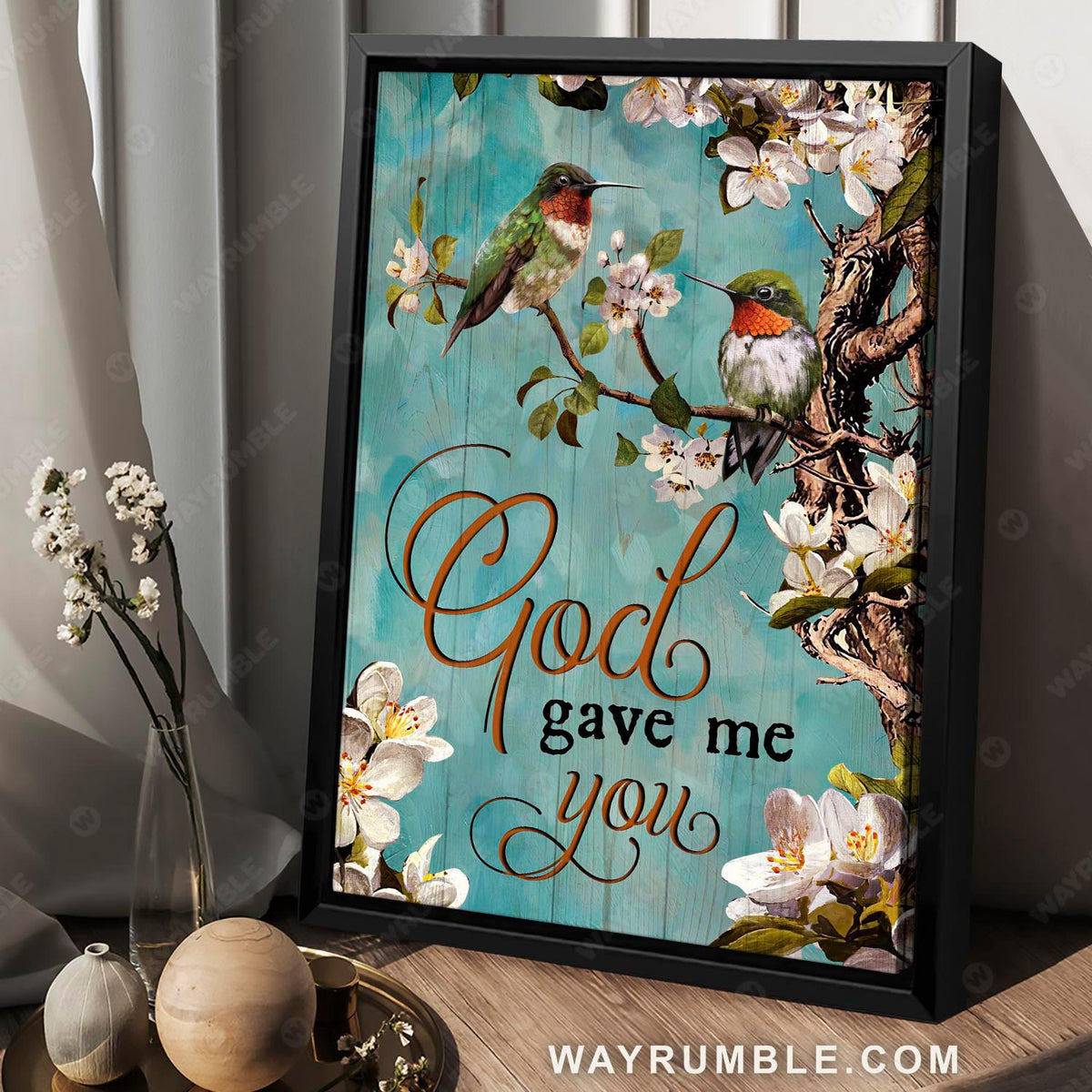 Hummingbird painting, White cherry blossom, God gave me you - Jesus Portrait Canvas Prints, Wall Art