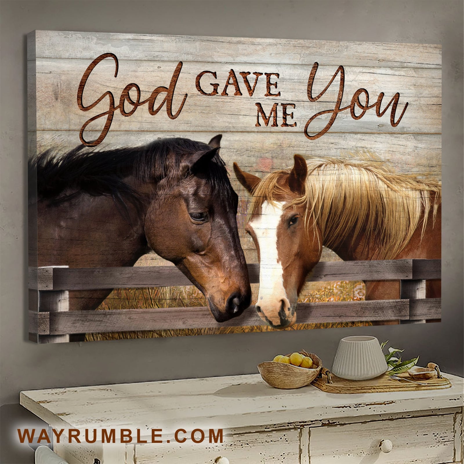 Horse couple, Tranquil farm, God gave me you - Jesus Landscape Canvas Prints, Wall Art