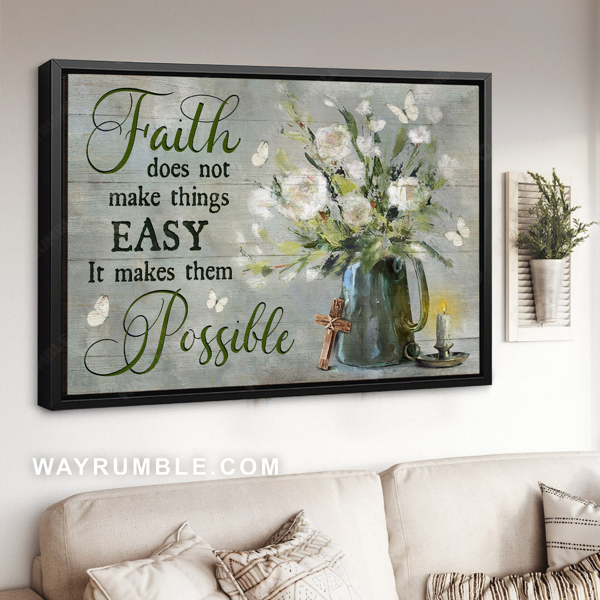 White peony, Small cross, Light candle, Faith does not make things easy - Jesus Landscape Canvas Prints, Christian Wall Art