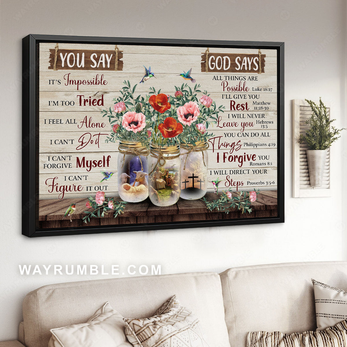 Poppy flowers, Glass jars, Jesus painting, God says all things are possible - Jesus Landscape Canvas Prints, Christian Wall Art