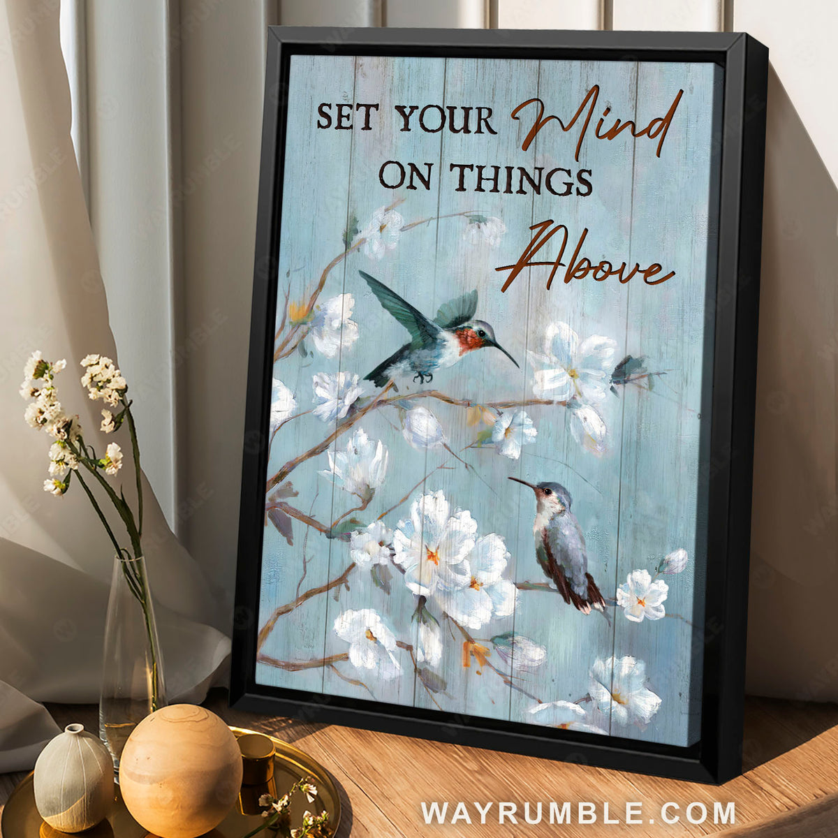 Hummingbird painting, White flower, Tree branch, Set your mind - Jesus Portrait Canvas Prints, Christian Wall Art