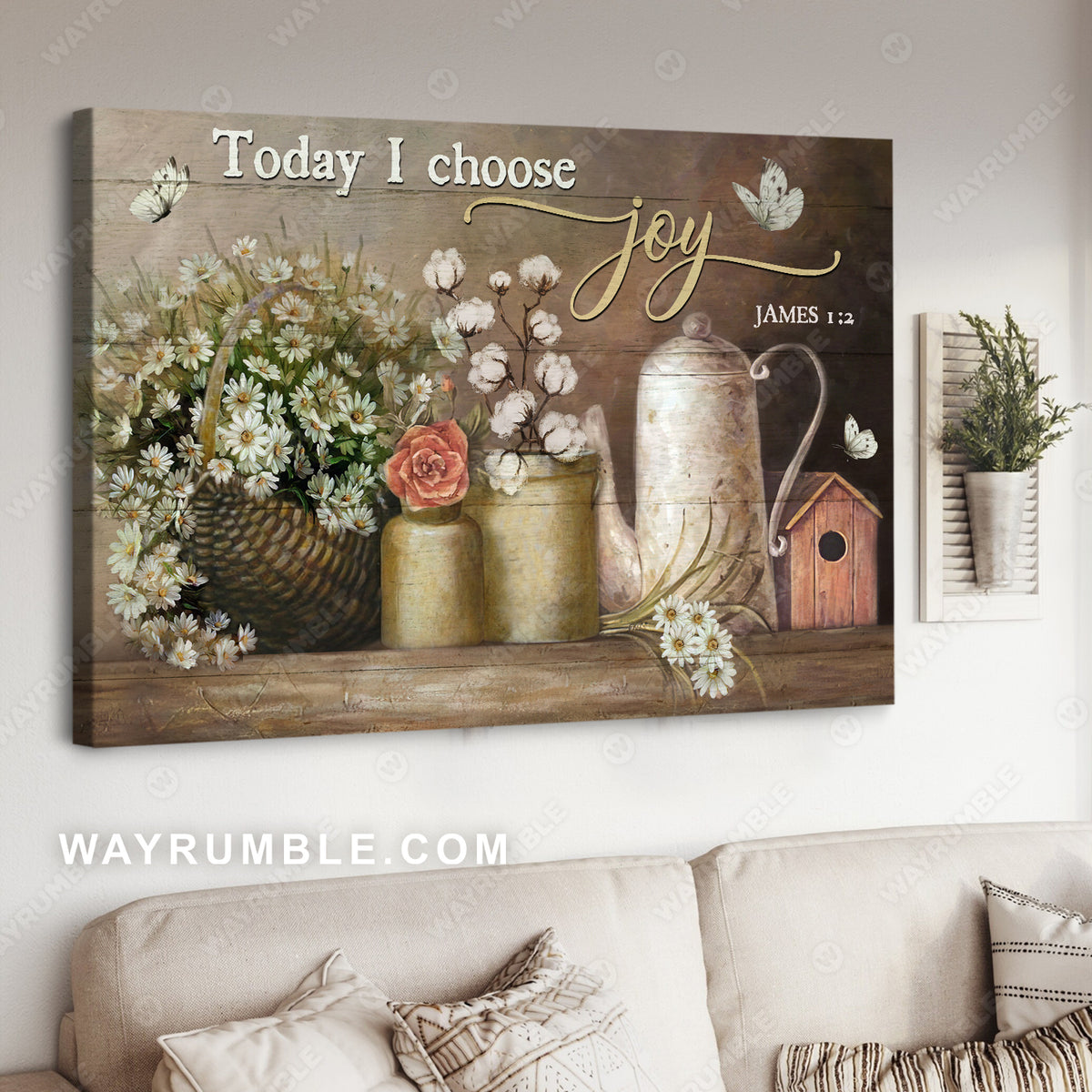 Vintage kitchen, Daisy flower, White butterfly, Today I choose joy - Jesus Landscape Canvas Prints, Christian Wall Art