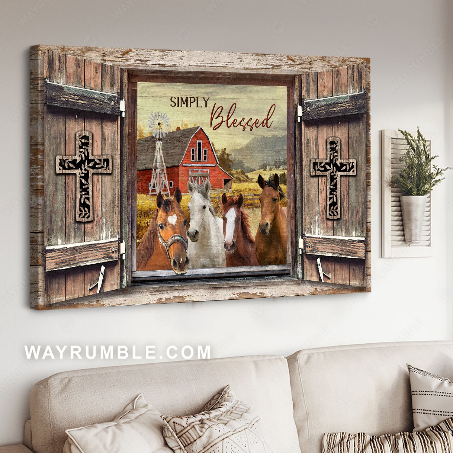 Red barn house, Horse painting, Window frame, Simply Blessed - Jesus Landscape Canvas Prints, Christian Wall Art 