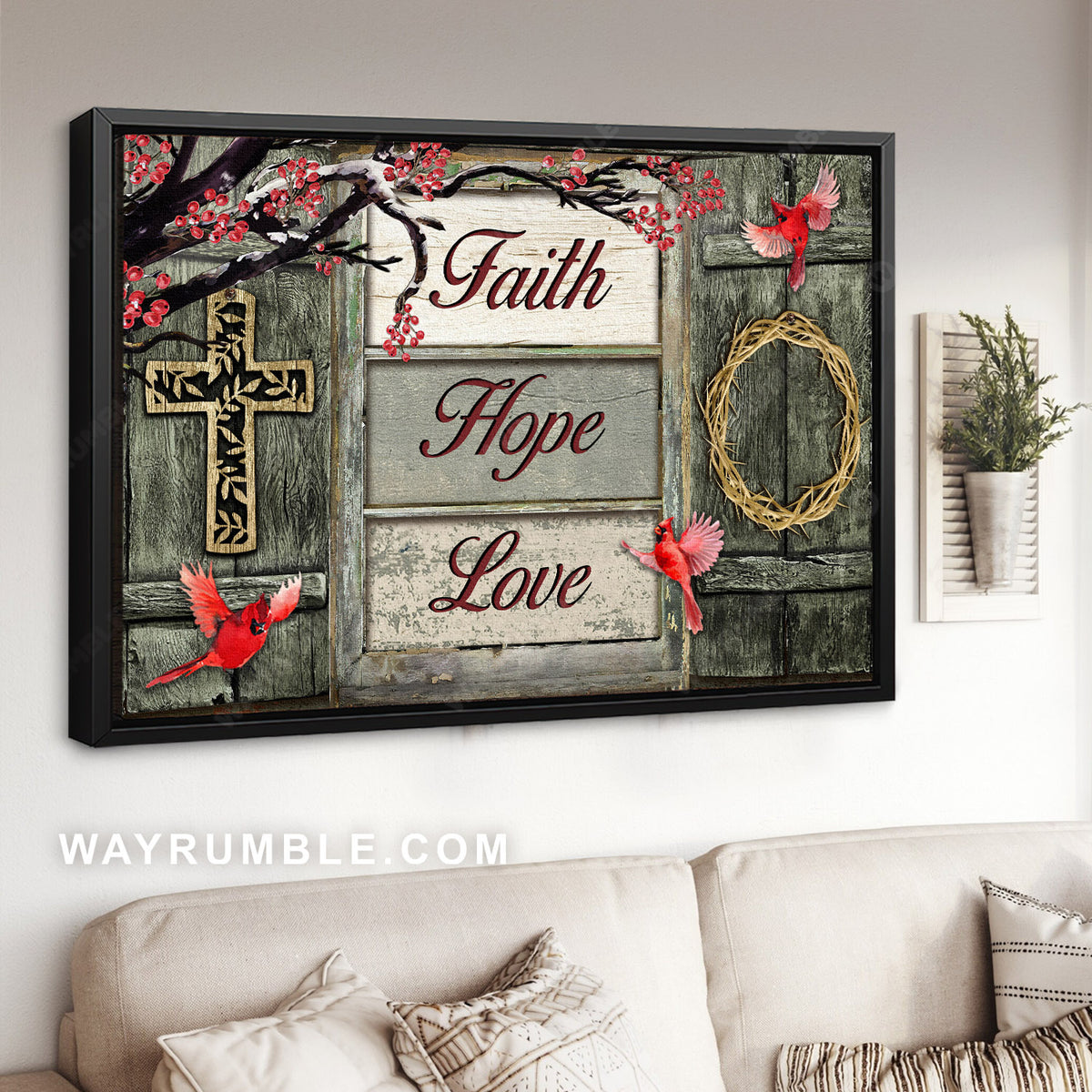 Cross symbol, Northern cardinal, Crown of thorns, Faith, Hope, Love - Jesus Landscape Canvas Prints, Christian Wall Art