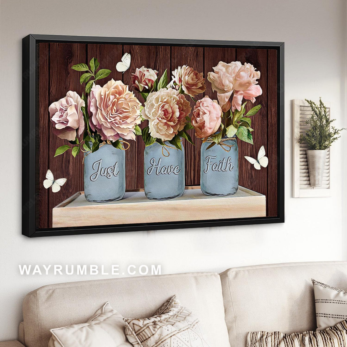 Pink peony, White butterfly, Glass jars, Just have faith - Jesus Landscape Canvas Prints, Christian Wall Art