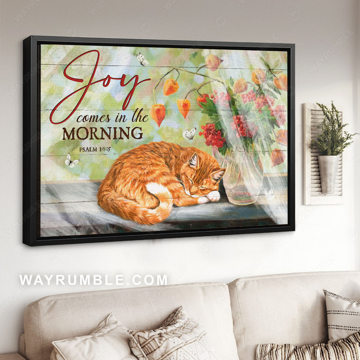 Orange tabby cat, Sleeping cat, Cranberry, Joy comes in the morning - Jesus Landscape Canvas Prints, Christian Wall Art