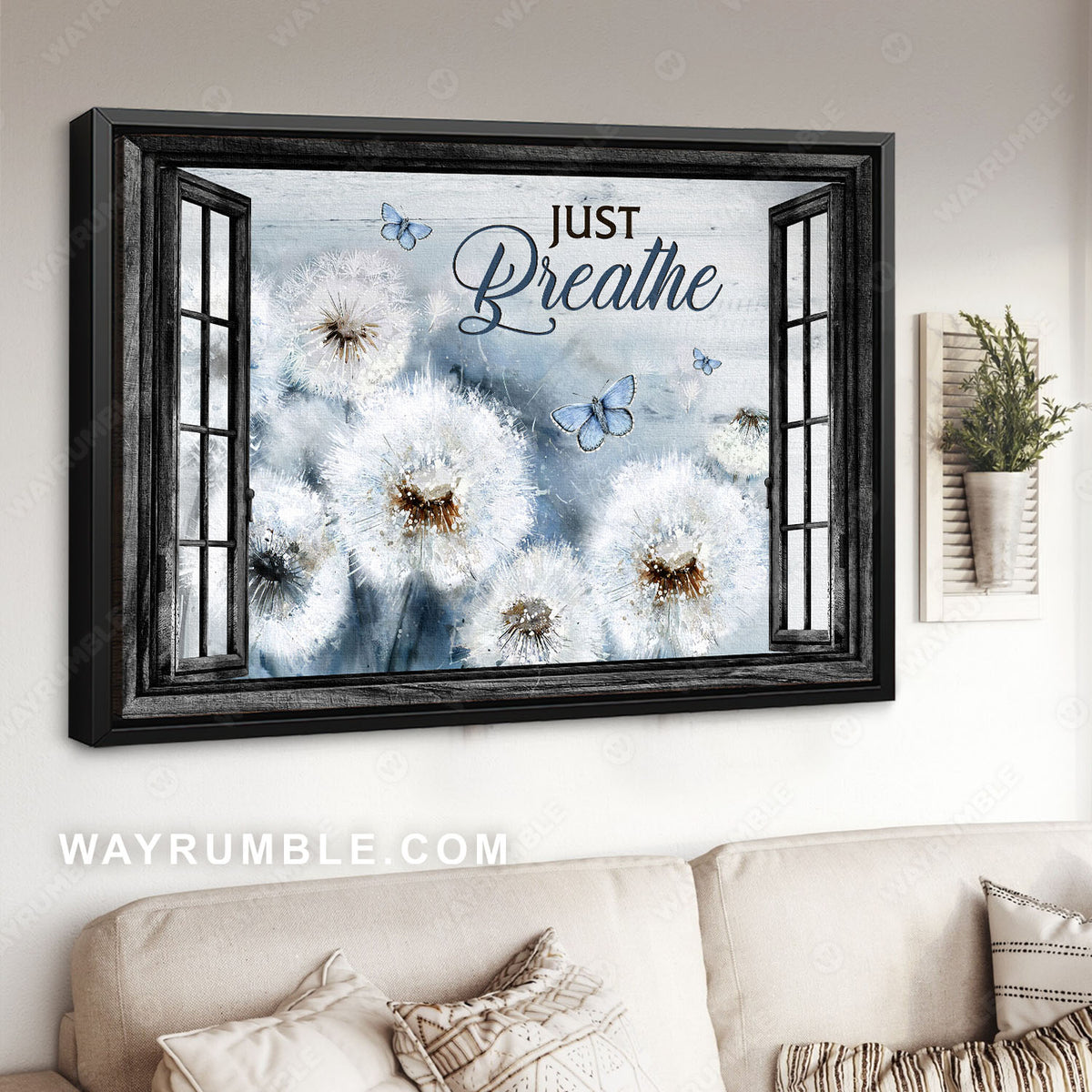 Dandelion painting, Blue butterfly, Window frame, Just breath - Jesus Landscape Canvas Prints, Christian Wall Art