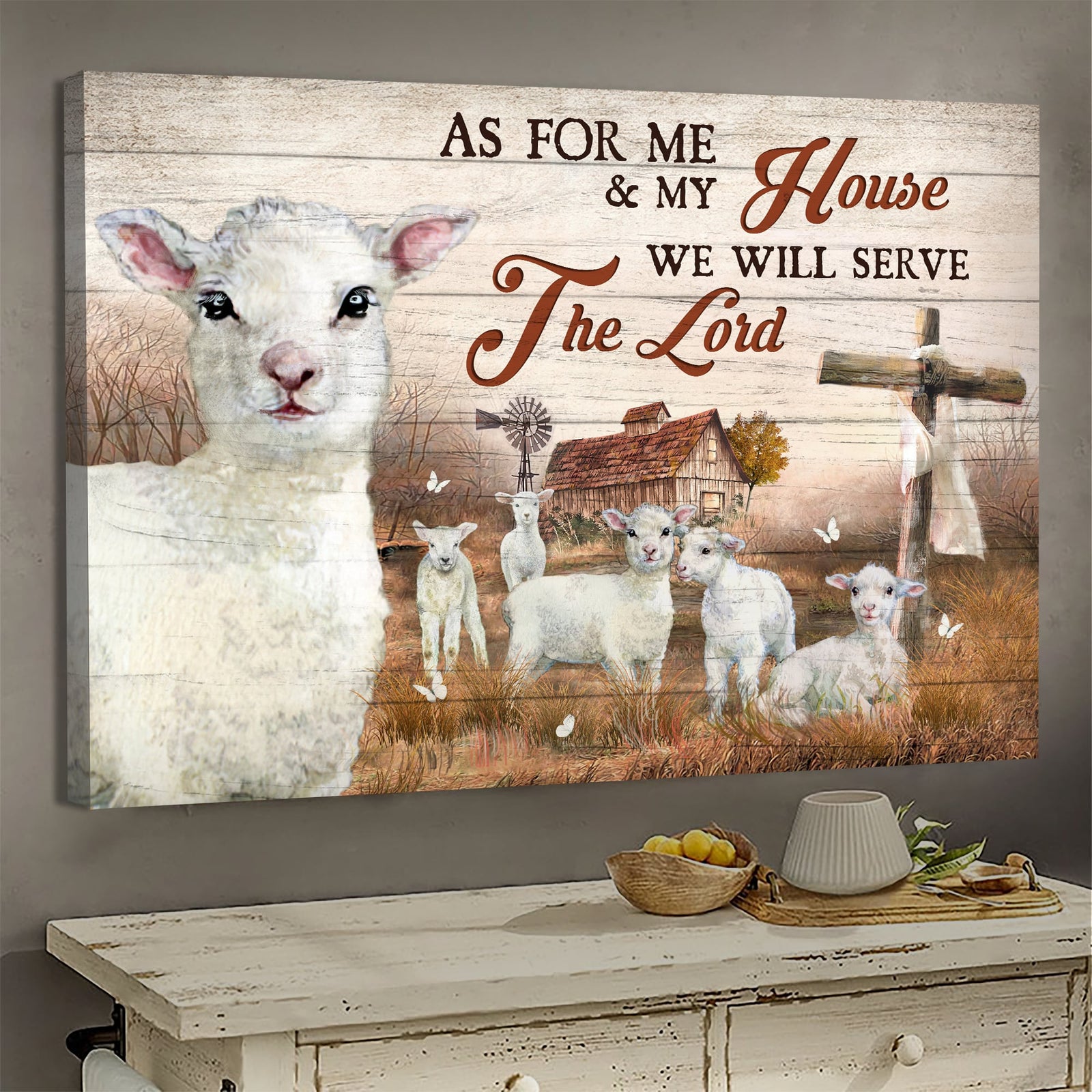 Little lambs, Tranquil farm, Me & my house will serve the Lord - Jesus Landscape Canvas Prints, Wall Art