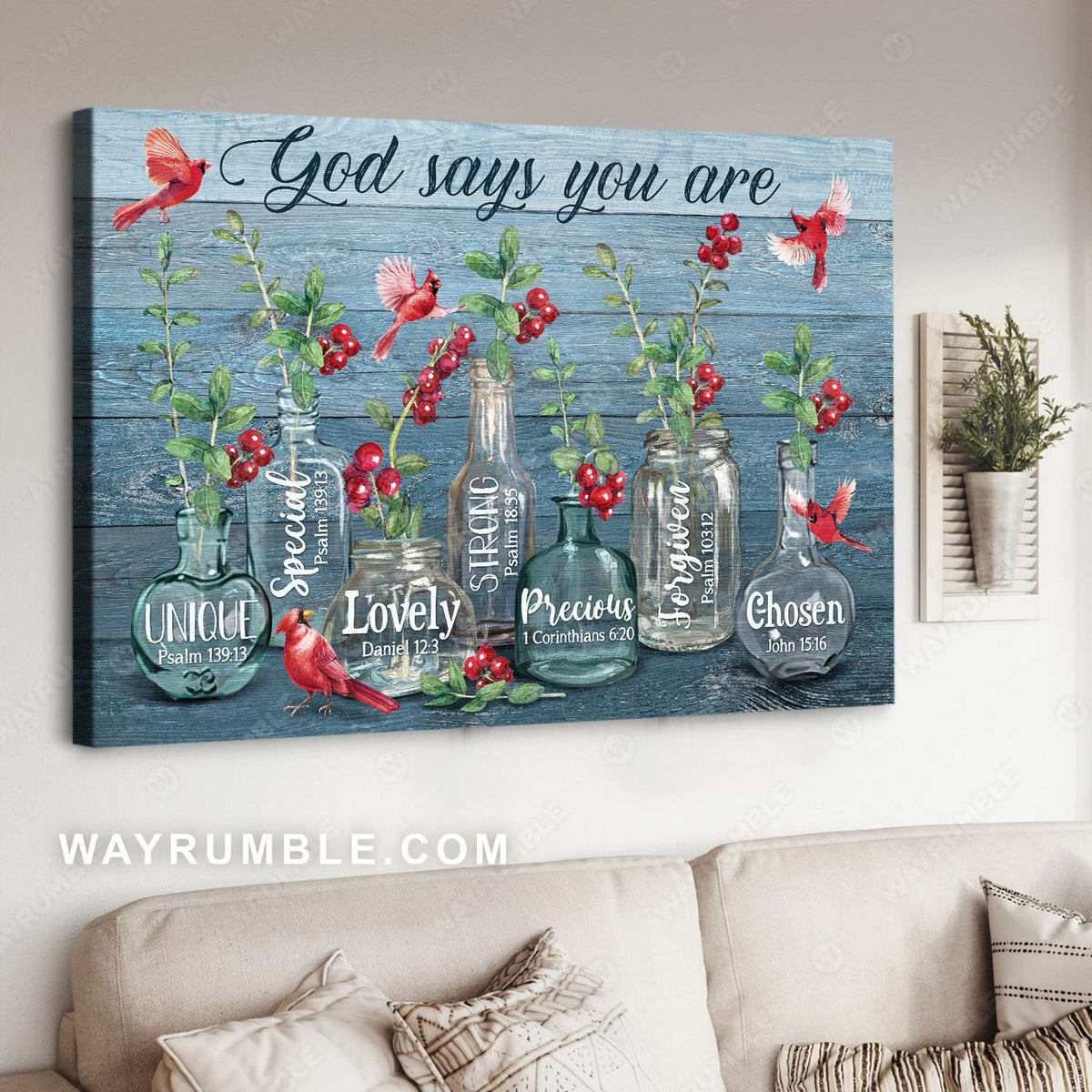 Northern cardinal, Cranberry, Glass bottle, God says you are - Jesus Landscape Canvas Prints, Christian Wall Art