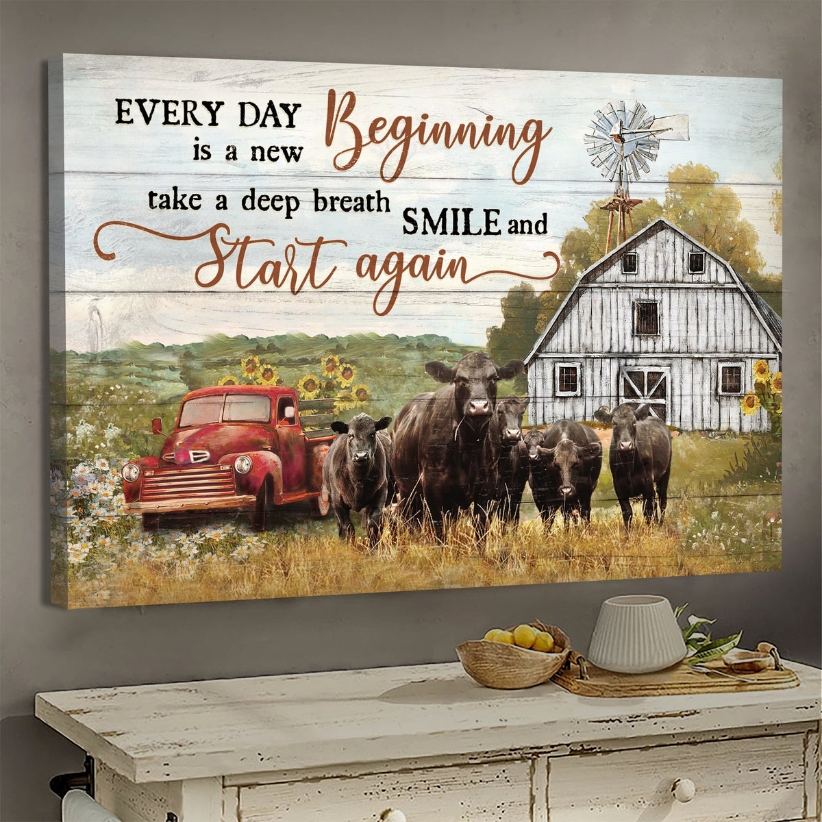 Aberdeen Angus, Sunflower Car, Tranquil farm, Every day is a new beginning - Jesus Landscape Canvas Prints, Wall Art