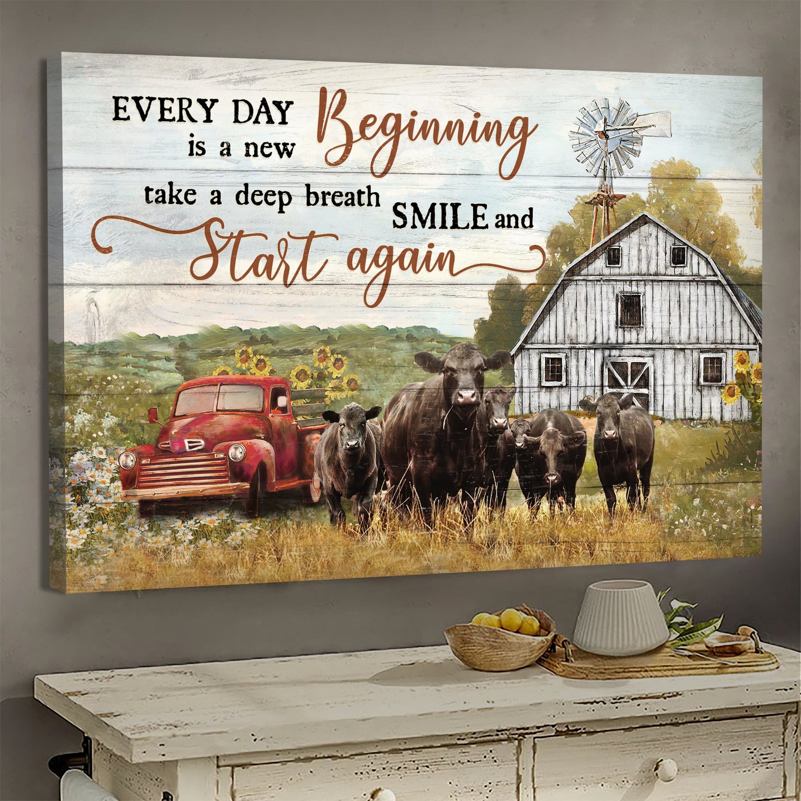 Aberdeen Angus, Sunflower Car, Tranquil farm, Every day is a new beginning - Jesus Landscape Canvas Prints, Wall Art