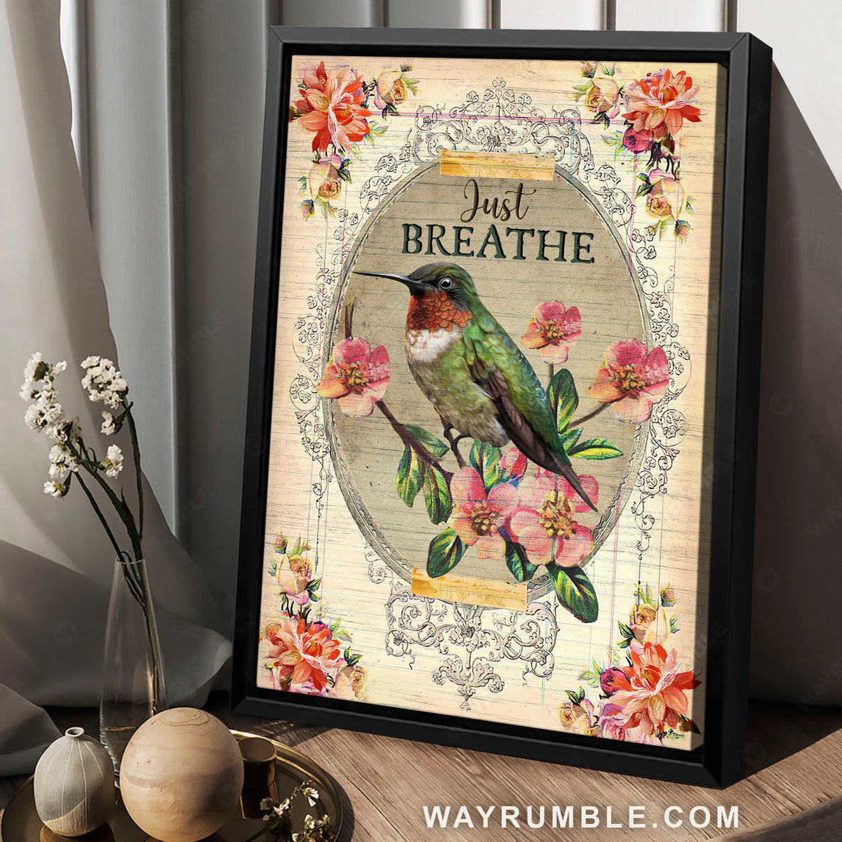 Green hummingbird, Oval mirror, Pink dogwood flower, Just breathe - Jesus Portrait Canvas Prints, Christian Wall Art