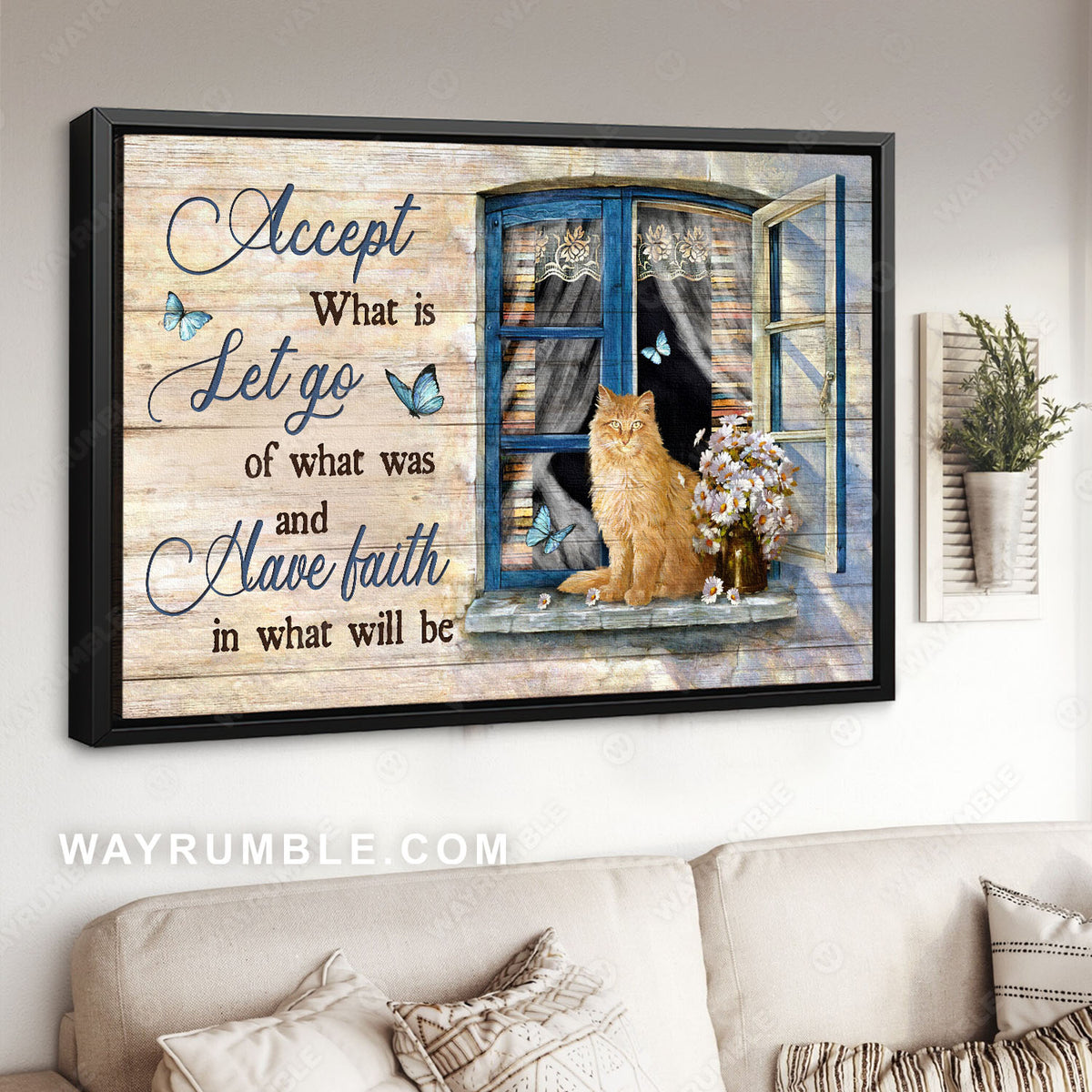 Fluffy cat, Cat window perch, White daisy. Accept what is - Jesus Landscape Canvas Prints, Christian Wall Art