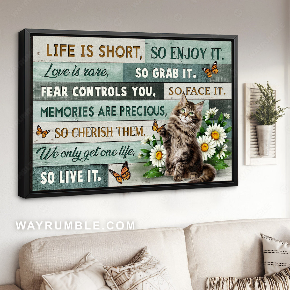 Tabby kitten, Daisy flower, Orange butterfly, Life is short so enjoy it - Jesus Landscape Canvas Prints, Christian Wall Art