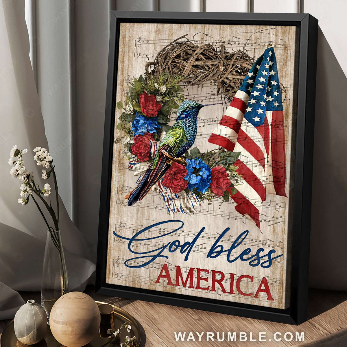 USA flag, Hummingbird painting, Spring wreath, God bless America - Jesus Portrait Canvas Prints, Christian Wall Art