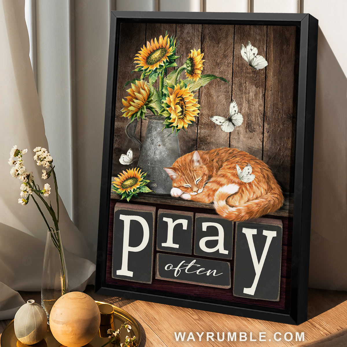 Sleeping cat, Sunflower vase, Pray often - Jesus Portrait Canvas Prints, Christian Wall Art