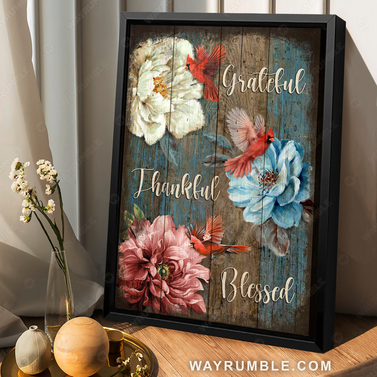 Beautiful camellia, Northern cardinal, Grateful, Thankful, Blessed - Jesus Portrait Canvas Prints, Christian Wall Art