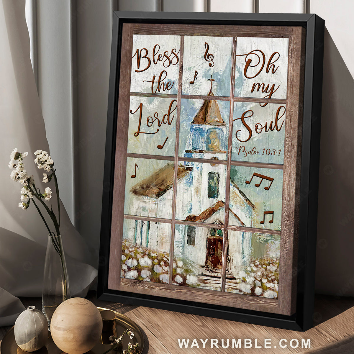 Church painting, Cotton flowers, Music notes, Bless the Lord - Jesus Portrait Canvas Prints, Christian Wall Art