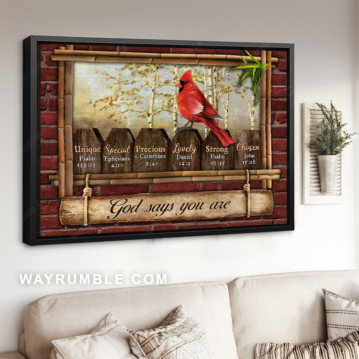 Northern cardinal, Bamboo frame, God says you are - Jesus Landscape Canvas Prints, Christian Wall Art