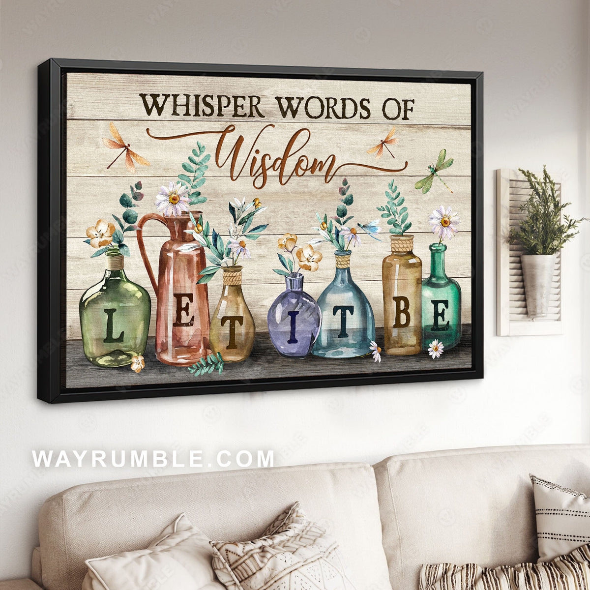 Colored glass bottles, Daisy flower, Flying dragonfly, Let it be - Jesus Landscape Canvas Prints, Christian Wall Art