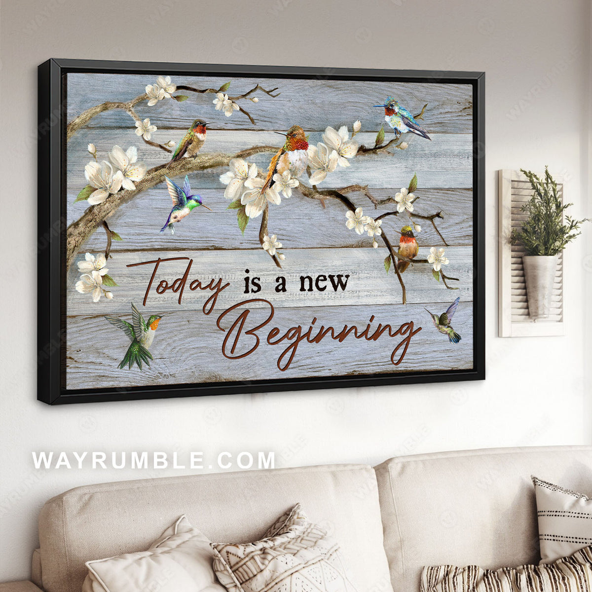 Colorful hummingbirds, Peach blossoms, Branch tree, Today is a new beginning - Jesus Landscape Canvas Prints, Christian Wall Art