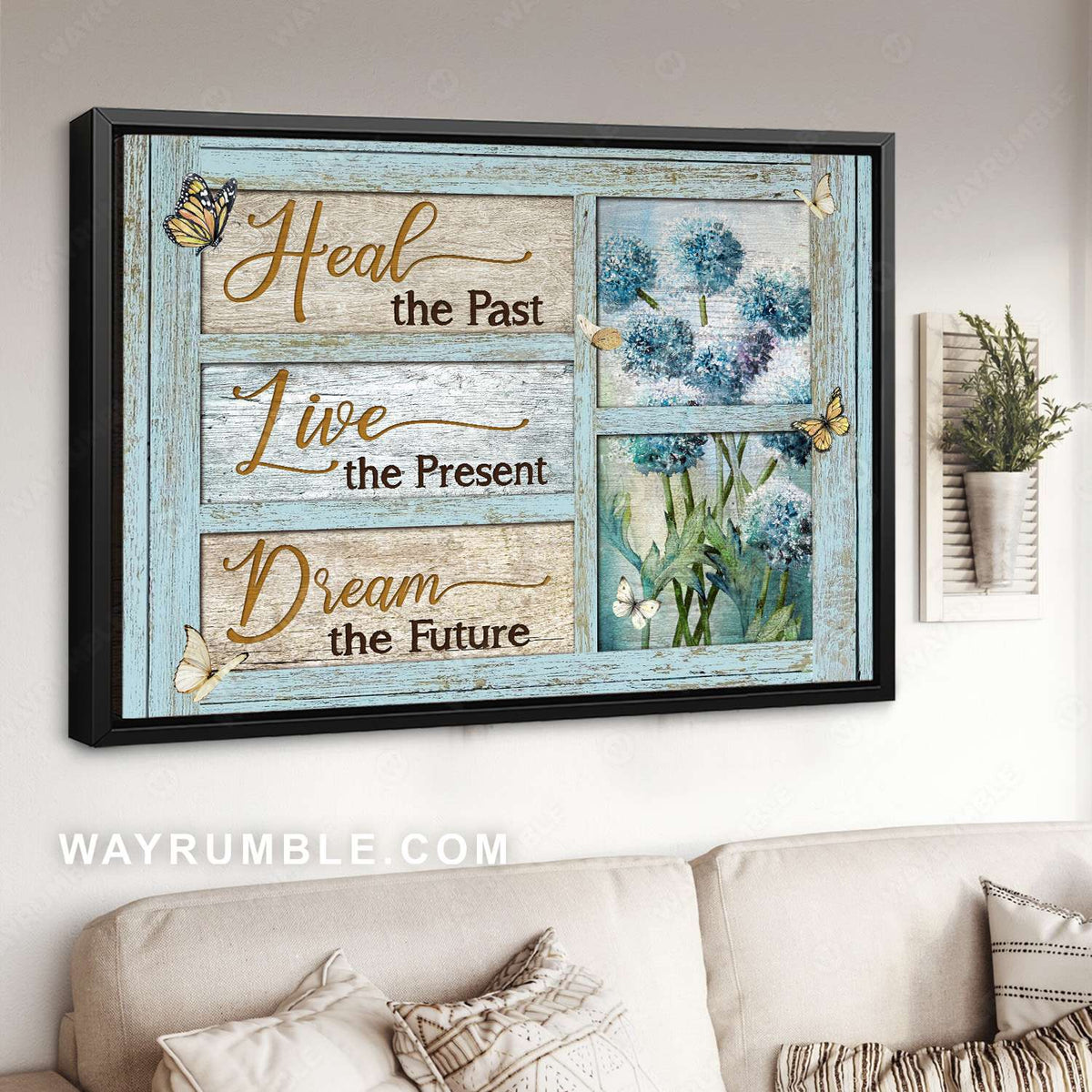Blue hydrangea, Butterfly drawing, Wooden window, Heal the past - Jesus Landscape Canvas Prints, Christian Wall Art