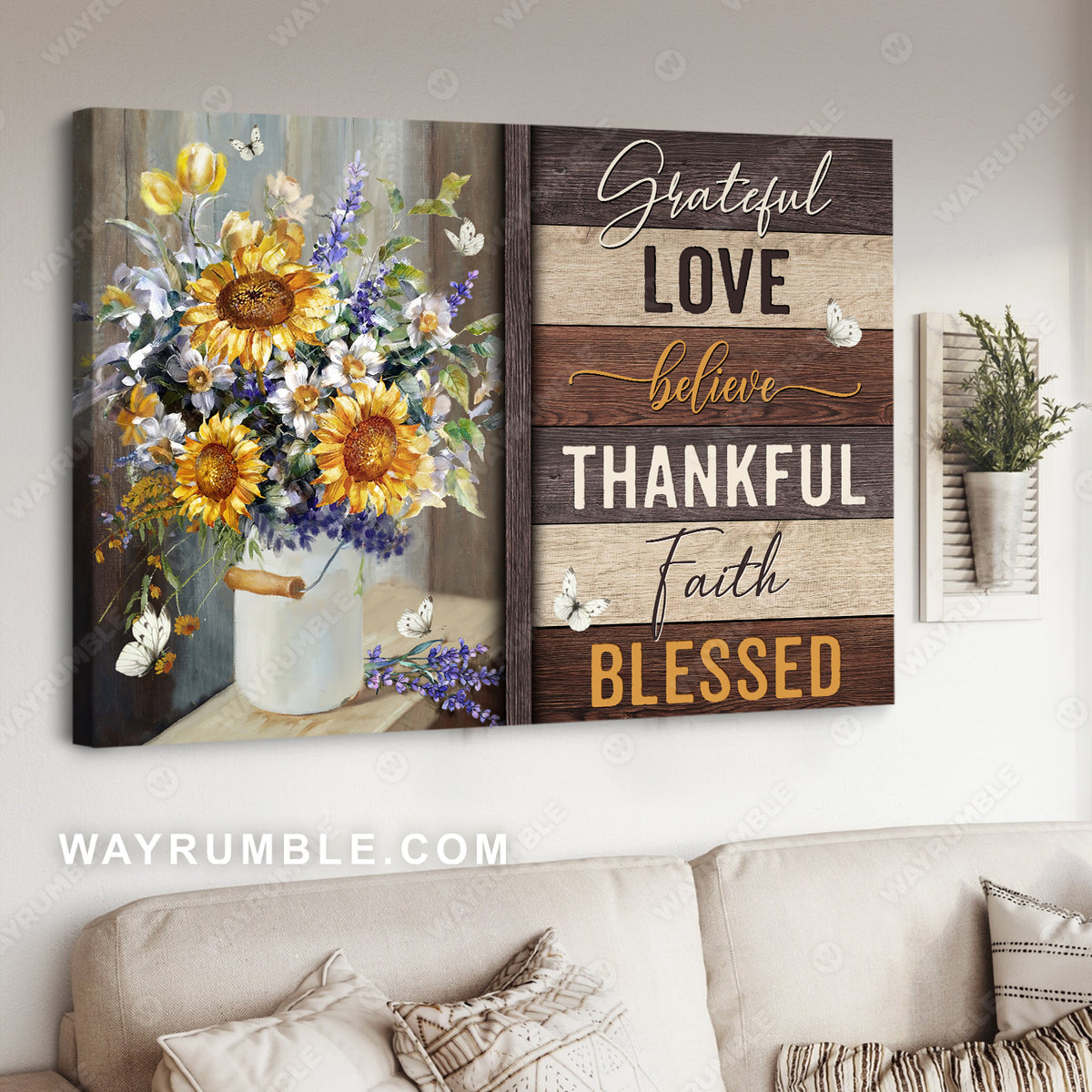 Sunflower, Flower vase, White butterfly, Grateful, Love, Believe, Thankful - Jesus Landscape Canvas Prints, Christian Wall Art