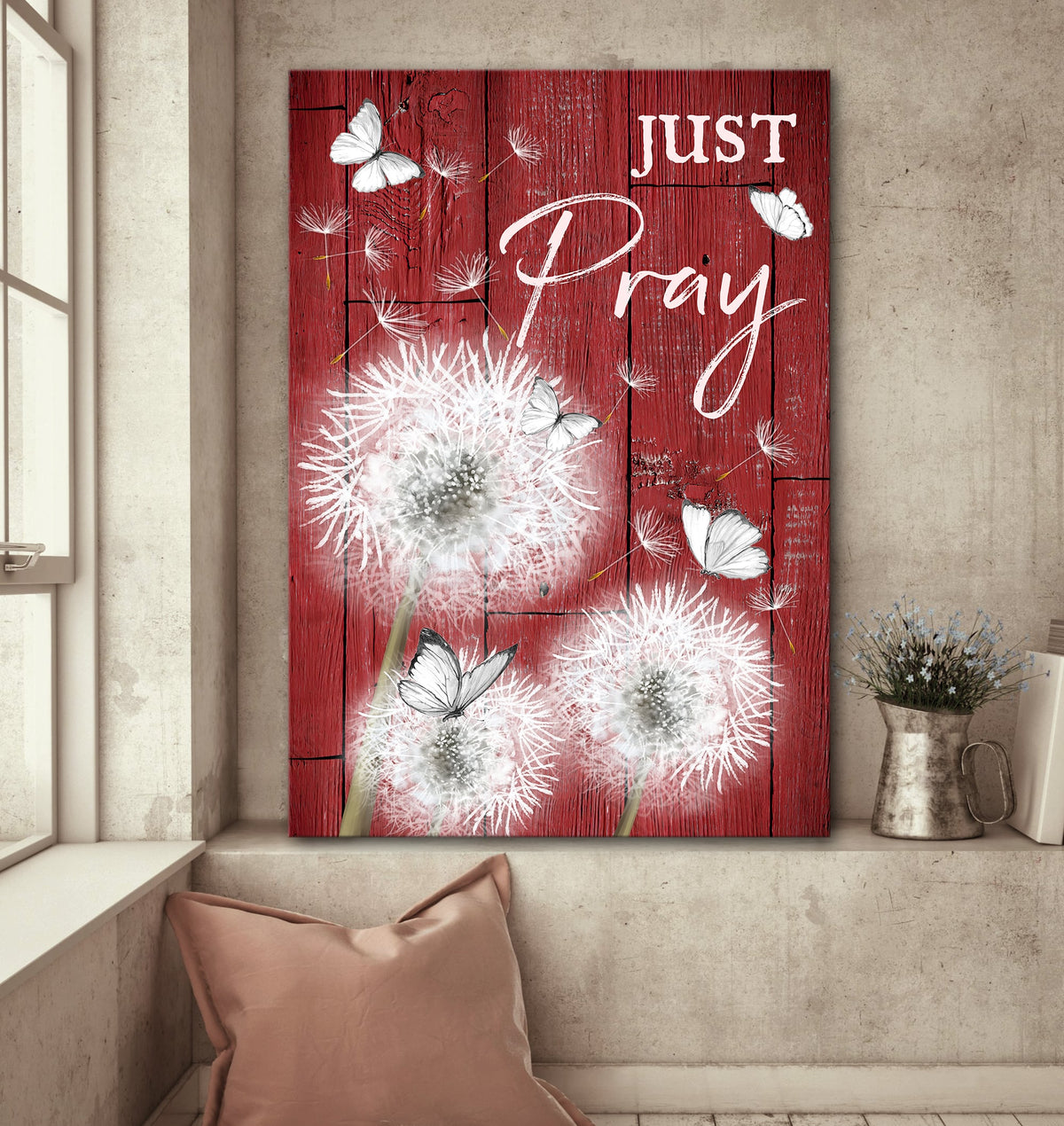 Dandelion, Butterfly, Red wood, Just pray - Jesus Portrait Canvas Prints, Wall Art