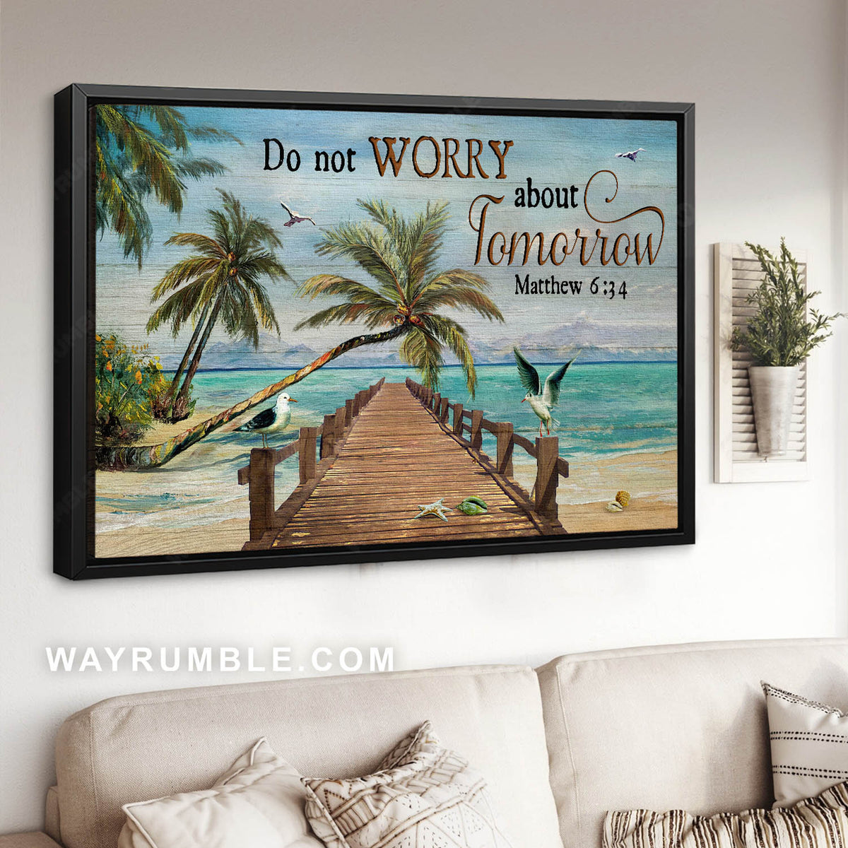 Wooden walkway, Blue ocean, Coconut tree, Seagull drawing. Do not worry - Jesus Landscape Canvas Prints, Christian Wall Art