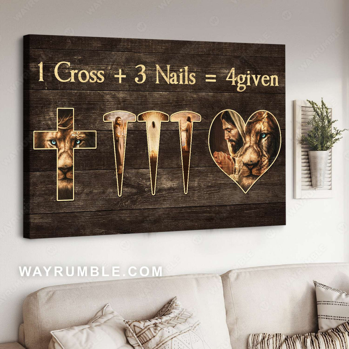 Lion of Judah, Jesus painting, 1 Cross 3 Nails, Forgiven - Jesus Landscape Canvas Prints, Christian Wall Art