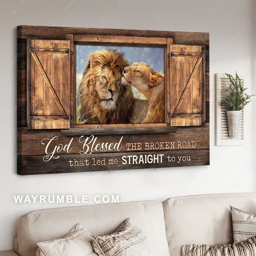Lion couple, Lion painting, Old wooden door, God blessed the broken road that led me to you - Jesus Landscape Canvas Prints, Christian Wall Art