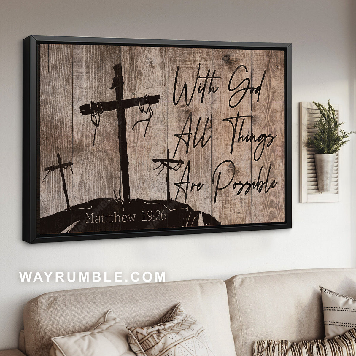 3 wooden crosses, Jesus cross, With God all things are possible - Jesus Landscape Canvas Prints, Christian Wall Art