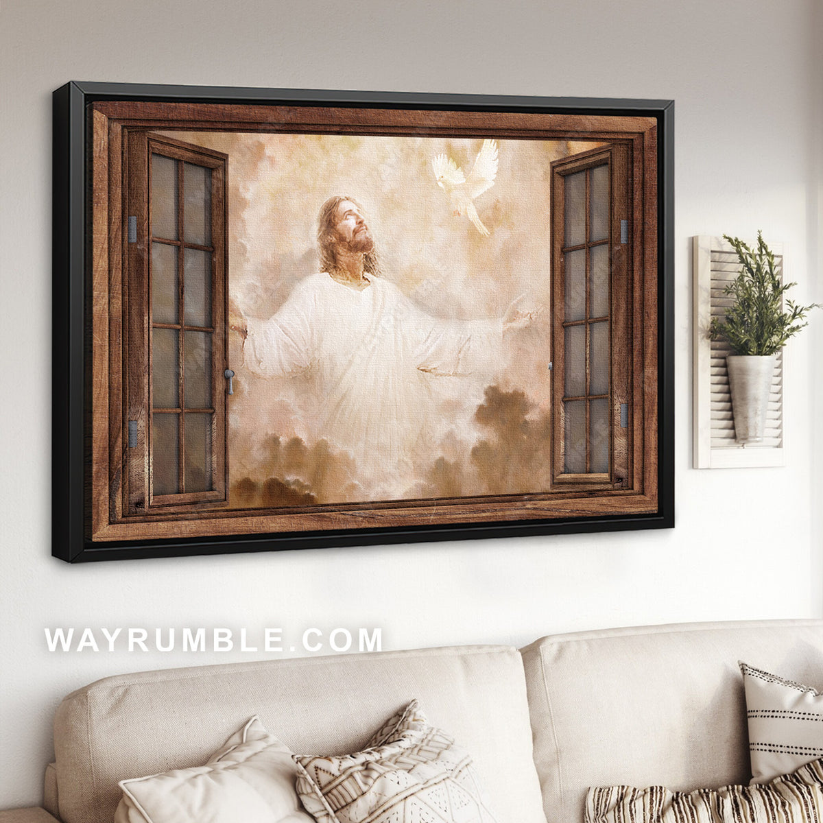 Jesus ascends to heaven, Flying dove, White cloud, Window frame - Jesus Landscape Canvas Prints, Christian Wall Art