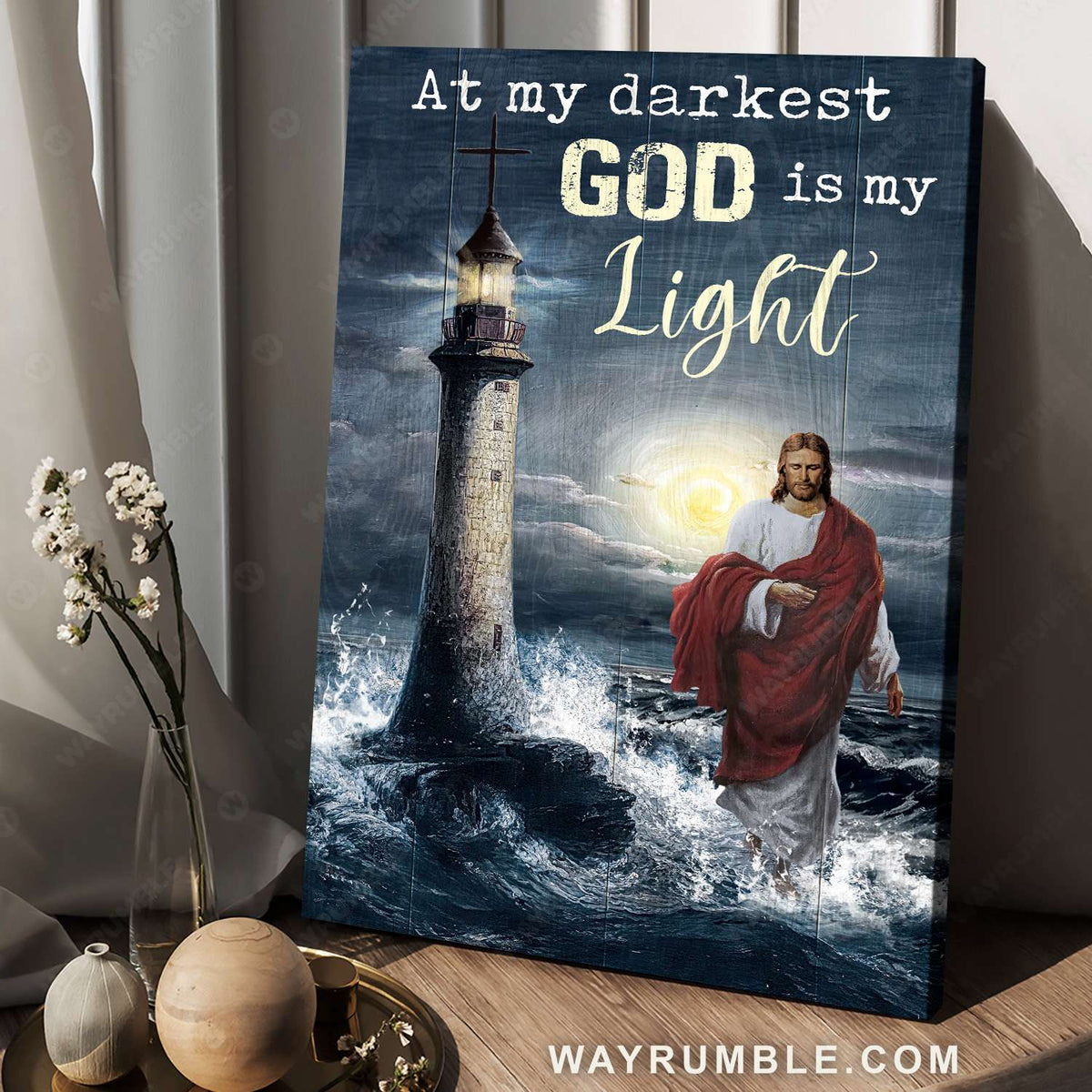 Jesus walking on water, Lighthouse, Night beach, At my darkest God is my light - Jesus Portrait Canvas Prints, Christian Wall Art