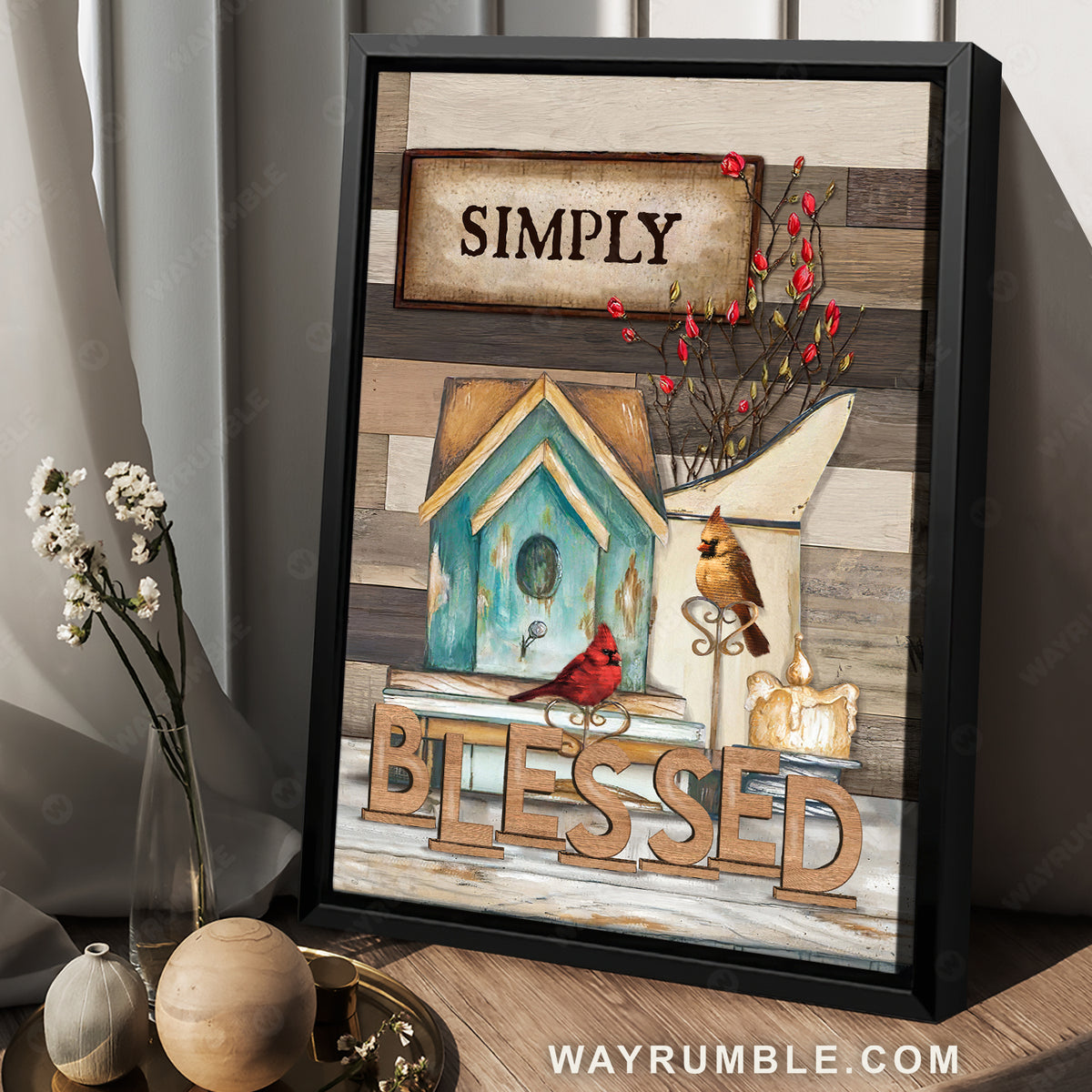 Wooden birdhouse, Cardinal couple, Baby flower, Simply blessed - Jesus Portrait Canvas Prints, Home Decor Wall Art