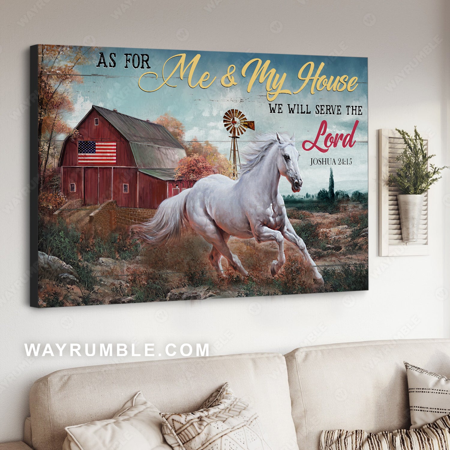 White horse, Vintage house, US flag, Blue sky, We will serve the Lord - Jesus Landscape Canvas Prints, Christian Wall Art