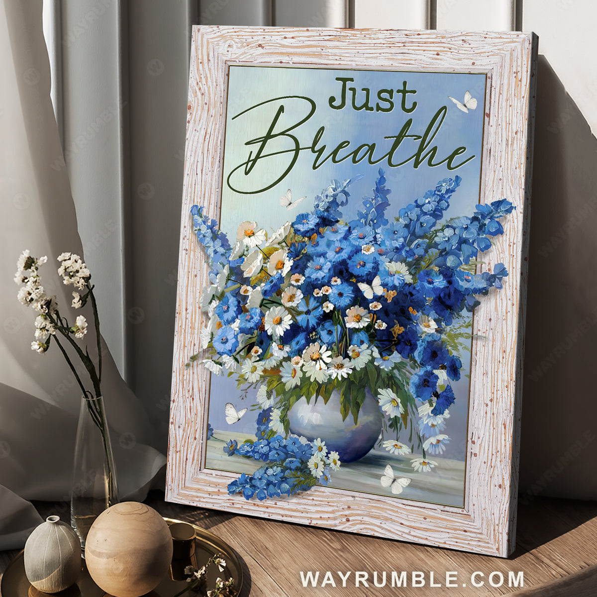 Brilliant baby flower, Blue flower vase, White butterfly, Just breathe - Jesus Portrait Canvas Prints, Home Decor Wall Art