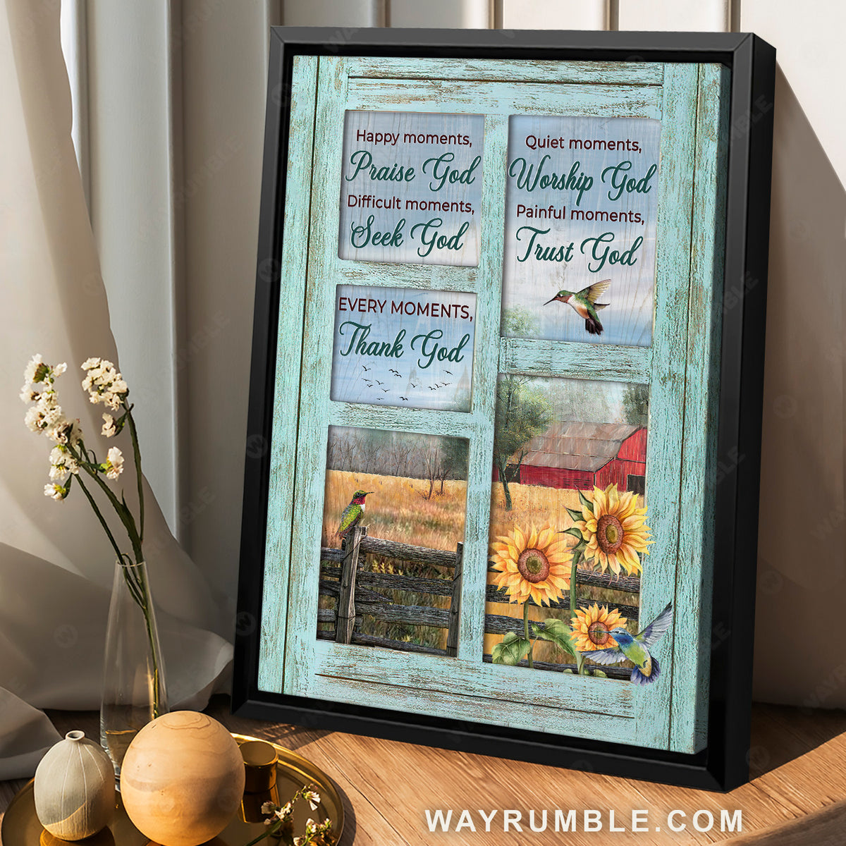 Beautiful window, Peace farm, Cute hummingbird, Every moments, Thank God - Jesus Portrait Canvas Prints, Home Decor Wall Art