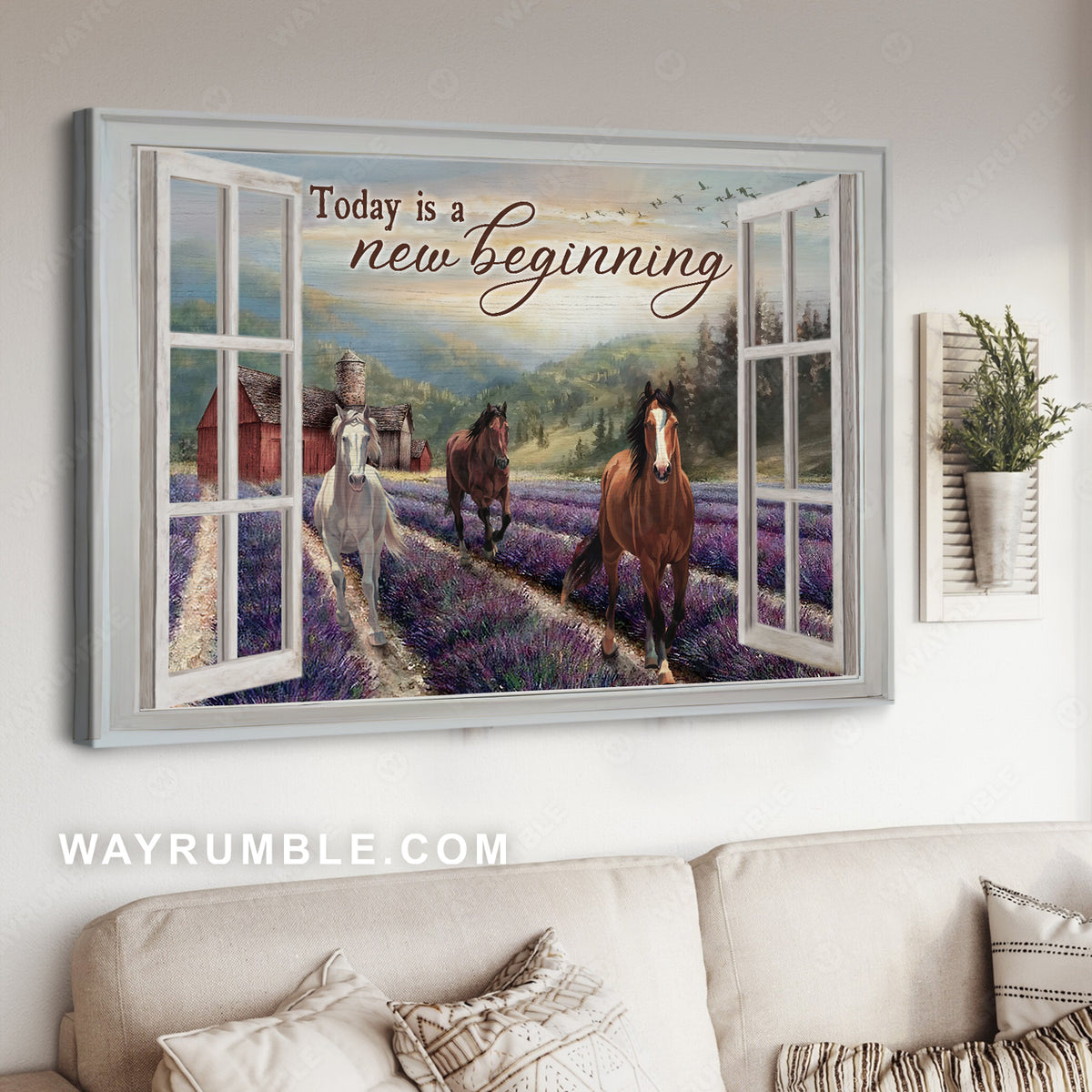 Lavender farm, Horse running, Nature painting, Today is new beginning - Jesus Landscape Canvas Prints, Christian Wall Art