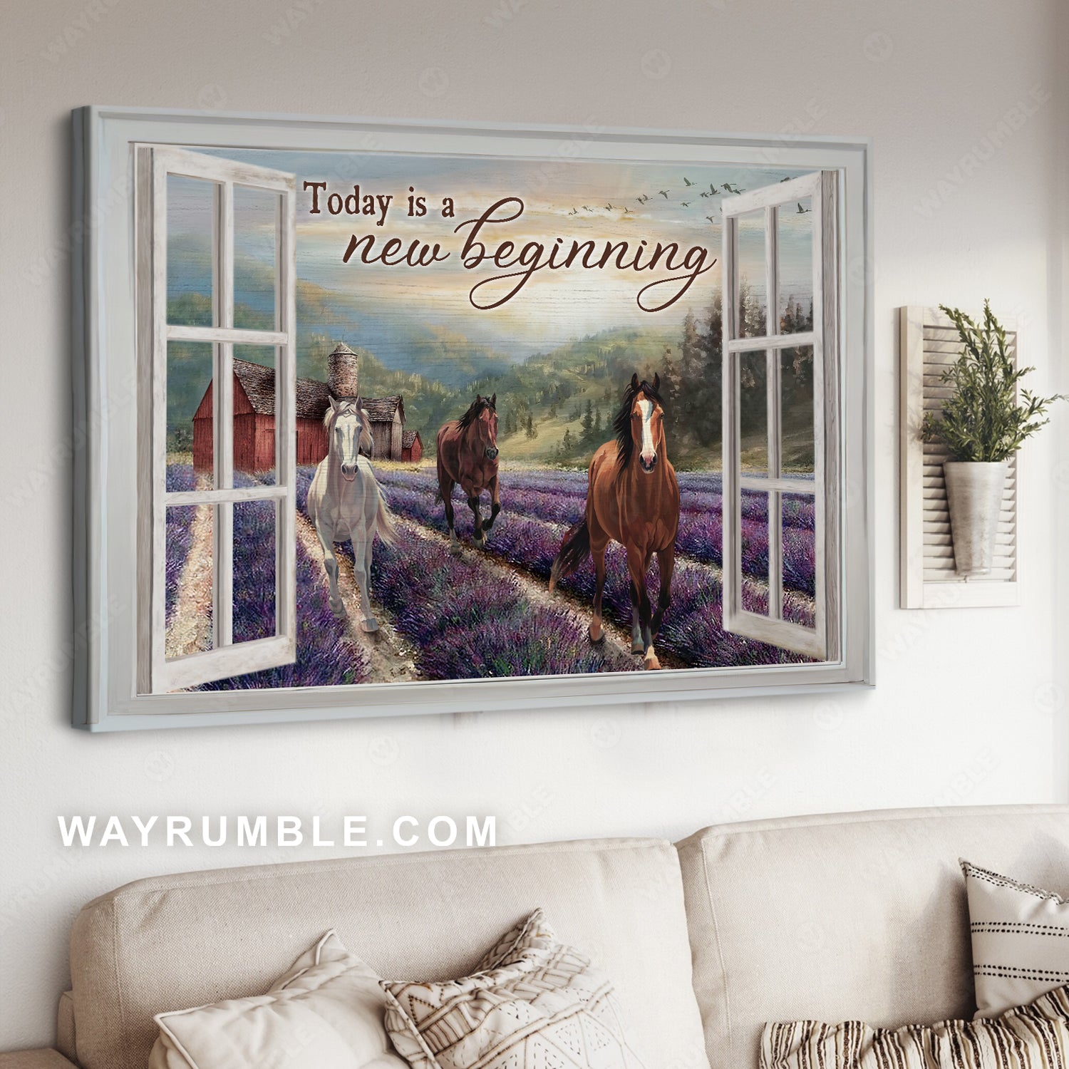 Lavender farm, Horse running, Nature painting, Today is new beginning - Jesus Landscape Canvas Prints, Christian Wall Art
