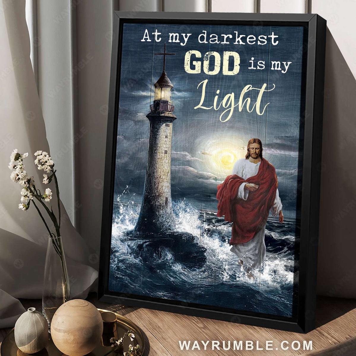 Jesus walking on water, Lighthouse, Night beach, At my darkest God is my light - Jesus Portrait Canvas Prints, Christian Wall Art