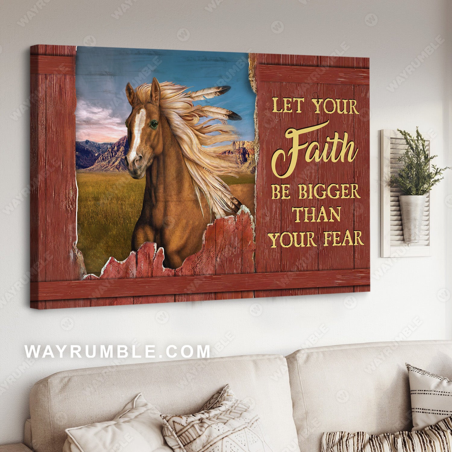 Brown Horse, Feather, Grassland, Let your faith be bigger than your fear - Jesus Landscape Canvas Prints, Christian Wall Art