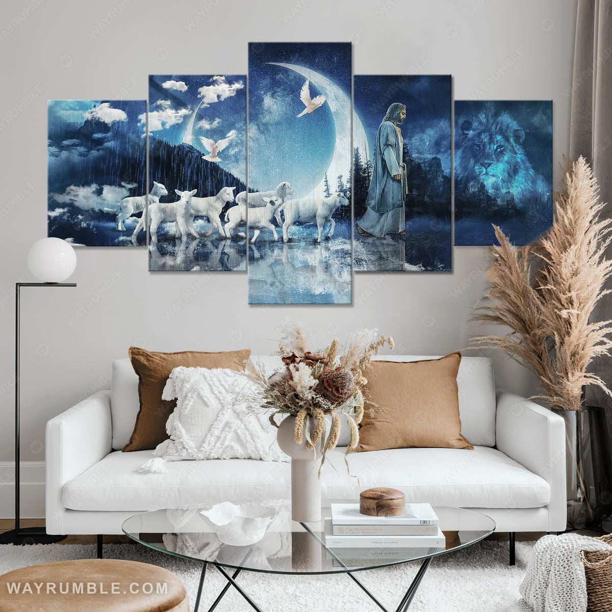 Walking with Jesus, Blue night, Lamb painting, Full moon - 5 Panel Matte Canvas