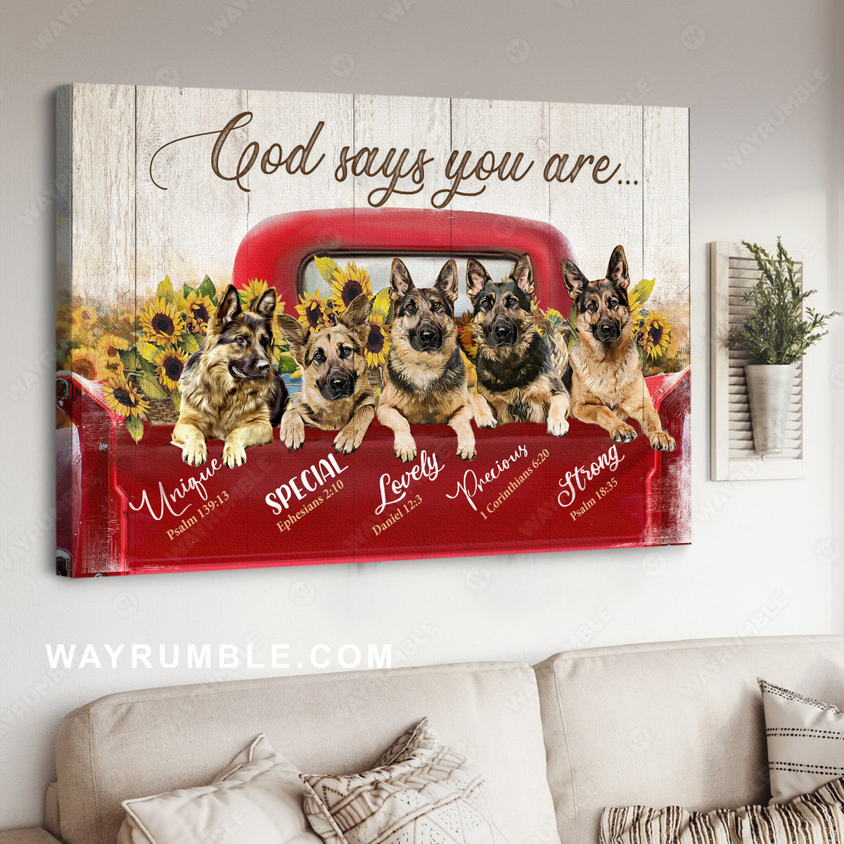 German Shepherd painting, Red car, Sunflower farm, God says you are unique - Jesus Landscape Canvas Prints, Wall Art